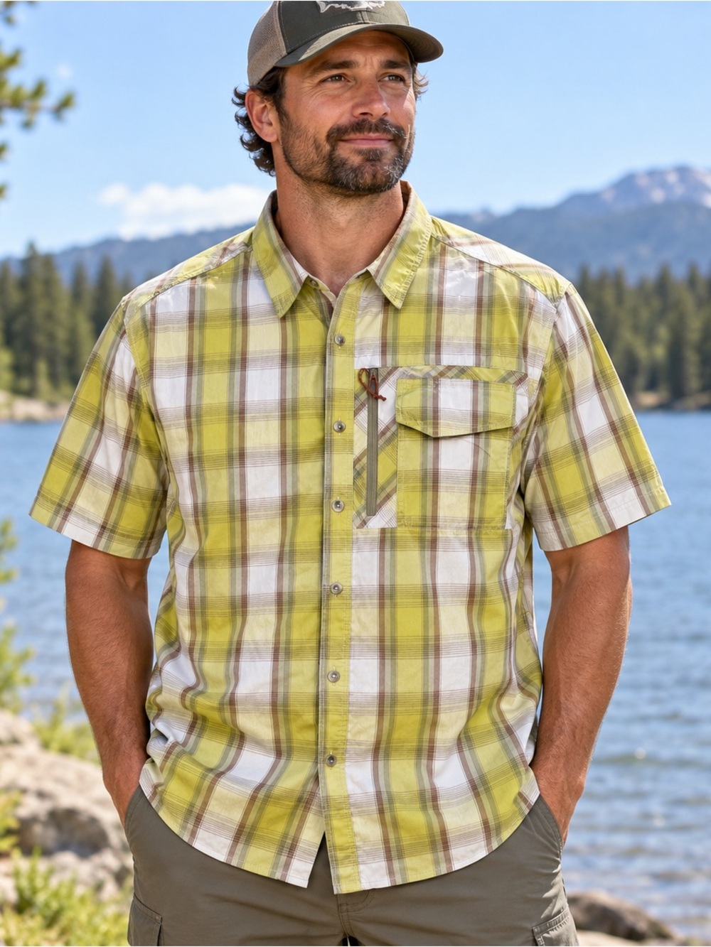 Simms Men’s L Plaid Short Sleeve Fishing Shirt Yellow Brown Button Up Vented